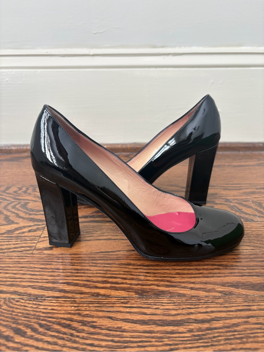 kate spade Black Patent Block Heel Pumps with Pink Insole